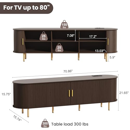 DHH 70.8" Mid Century Modern TV Stand with Power Outlet for TVs up to 80 Inch, Entertainment Center with Storage and Adjustable Shelves, Media Console with Sliding Doors for Living Room(Dark Walnut) - color: Dark Walnut, size: 71 Inch