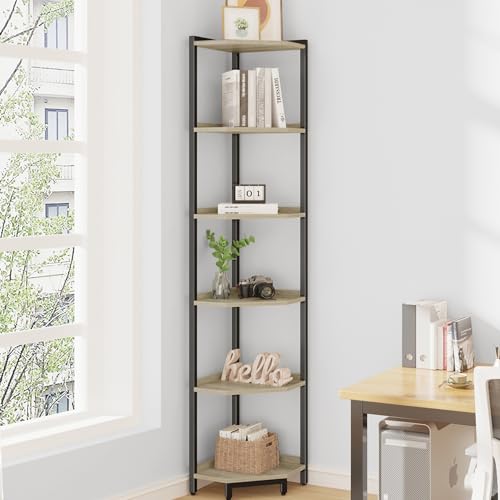 Hzuaneri Corner Shelf Stand, Corner Bookshelf, Storage Standing Shelf Unit with Metal Frame, Plant Stand, Bookcase for Living Room, Home Office, Bedroom, 6-Tier Greige CS06005B - color: Greige, size: 6 Tier