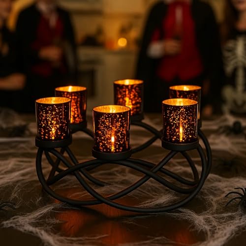 Seraphic Halloween Candle Holder Centerpiece Decoration – Black Metal Iron 6-Cup Votive Tealight Holder for Spooky Table Gothic Decor, Kitchen & Dining Room, Coffee Tables - color: Black