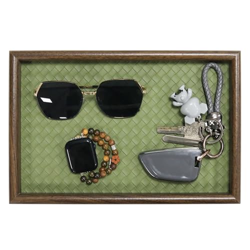 Wooden Valet Tray with Leather Base, EDC Catch All Tray Nightstand Entryway Table Vanity Organizer 11.8x7.9, Green - color: Green