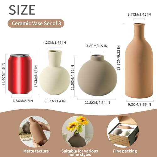 Vase Set of 3 | Ceramic Neutral Vases Home Decor | Rustic Flower Pottery Vases Modern Farmhouse Vase for Table Entryway Mantel Centerpiece Bookshelf Living Room Bathroom Bedroom -Brown Large - color: Brown - Larger