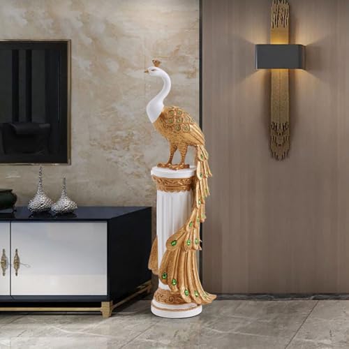 homary 27.6" Decorative Peacock Statue Large Glam Animal Sculpture Resin Crafts Home Decor for Art Ornament (White & Gold)