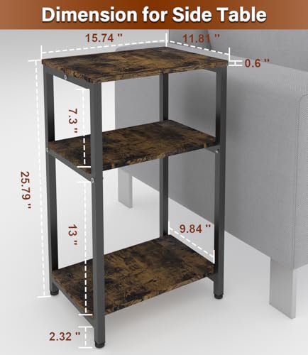3 Tier Side Table, Heavy Duty End Table with Shelves, Narrow Nightstand for Small Spaces, Record Player Table for Bedroom, Living Room, Sofa Couch - Rustic Brown & Black - color: Black, size: 3-Tier