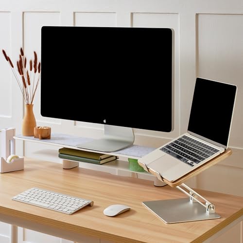 Branch Monitor Stand - Elegant, Durable Powder-Coated Steel Stand with Soft Felt Liner - Small Monitor Riser Second Tier Storage - Installs with a Universal Clamp for Ergonomic Workspace - Charcoal - color: Charcoal, size: Large