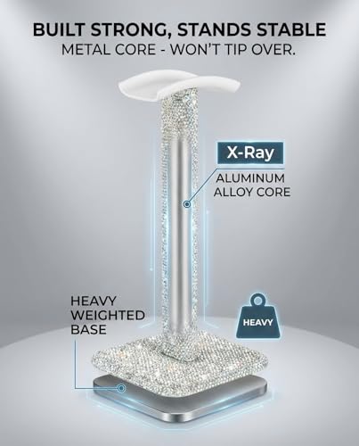 Silver Rhinestone Headphone Stand – Bling Crystal Headset Holder for Y2K Gaming Desk Setup – Sturdy Weighted Metal Base with Soft TPU Rest – Sparkly Luxury Gift for Women & Teen Girls (Silver) - color: Silver Sparkle