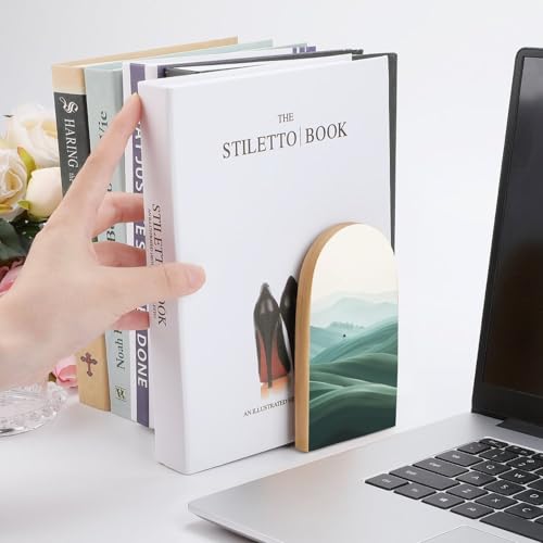 Abstract Landscape Wooden Bookends Shelves 2 PCS Rolling Hills Clear Sky Minimalist Design Sturdy Book Holders Desktop Organizer for Home Office Libraries - color: Color-4