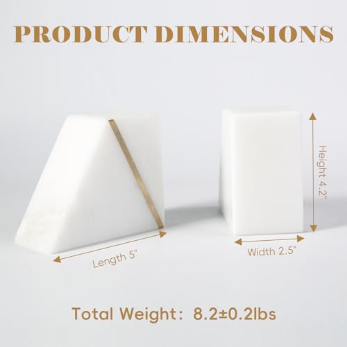 Natural Marble Bookends for Shelves, Decorative Book Ends for Heavy Books, Heavy Duty Mid Century Modern White and Gold Stone Book Holders with Brass Inlay, Unique Bookshelf Stopper Decor, Set of 2 - style: Art Deco