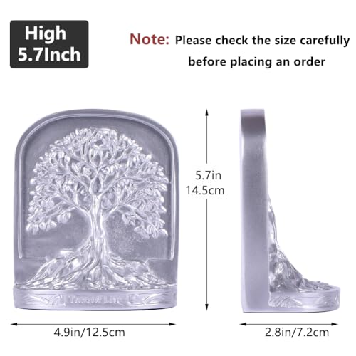 Tree of Life Bookends Silver, Antique Style Resin Book Ends for Shelves, Heavy Duty Decorative Bookends for Large Books, Sturdy Non Slip Bookends Set of 2, Vintage Rustic Shelf Decor - color: Sliver