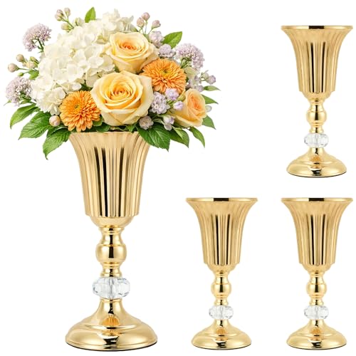 11.22’’ Small Gold Trumpet Vases for Centerpieces, Gold Vases Urn Metal Flower Arrangement Vase for Wedding Party Decoration, Pedestal Vase for Table Centerpiece