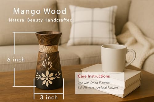 AeraVida 6-Inch Nature’s Beauty Etched Flower and Rope Design Mango Tree Wood Rectangular Handmade Vase | Rustic Wooden Tabletop Vase for Flowers | Sustainable Home & Kitchen Decor
