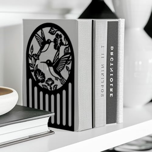 Peacoblue Metal Bookends for Shelves, Modern Decorative Heavy Duty Study Book Ends Stoppers for Office, Desk, Shelf, Room 5.3"x4.3"x7.9" Cast Iron Simple Tall Bookends 1 Pair (Hummingbird and Flower) - style: Hummingbird and Flower