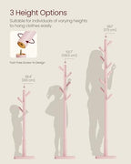 VASAGLE Solid Wood Coat Rack, Free Standing Hall Coat Tree with 8 Hooks, 3 Height Options, for Coats, Hats, Bags, Purses, for Entryway, Hallway, Rubberwood Hooks and Pole, Jelly Pink URCR010R01 - color: Jelly Pink, style: Square Base + Cylindrical Hooks