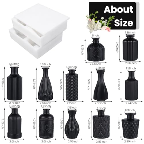 TBWIND 12pcs Glass Black Bud Vases Set, Small Vases for Flowers, Bud Vase for Centerpieces in Bulk, Mini Vintage Vase for Rustic Wedding Decorations, Office and Home Table Flower Décor - color: 12pcs-black