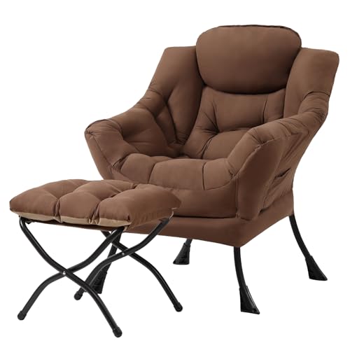 Tiita Lazy Chair with Ottoman, Brown Modern Large Accent Chair, Comfy Leisure Sofa Armchair with Ottoman, Reading Chair with Footrest for Bedroom, Living Room, Dorm Rooms, Brown - color: Peach Skin Brown