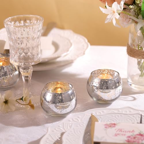 LAMORGIFT Silver Votive Candle Holders Set of 12 - Mercury Glass Votives Candle Holder - Christmas Tealight Candle Holder for Home Decor and Weddings/Parties Table Centerpieces - color: Silver