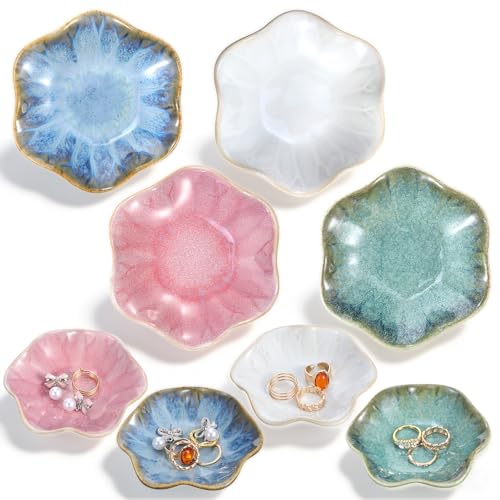 Lemecima 8 Pcs Ceramic Jewelry Dish Set, Leaf-Shaped Trinket Holder Tray for Rings Earrings Necklaces Bracelets Keys, 4 Colors, Gifts for Women Mother's Day Birthday Wedding Anniversary