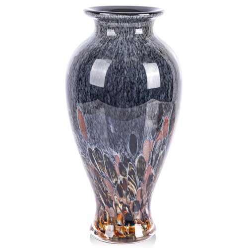 11.8" Tall Amber Blue Glass Vase Beautiful Hand Blown Glass Vase Modern Art Home Decor, Wide Mouth Colorful Vases for Mantle Dining Table Centerpiece, Entryway Living Room Wedding Decoration - color: Amber