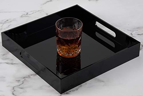Glossy Black Sturdy Acrylic Serving Tray with Handles - 12x12 Inch Multipurpose Tray for Coffee, Appetizers, Breakfast, and More - color: Glossy Black, size: 12" x 12" x 2"