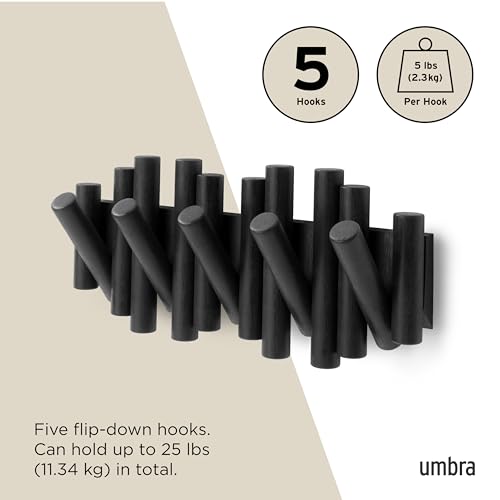 Umbra Picket Wall-Mounted Coat Rack Rail Hook with 5 Retractable Wood Pegs – Modern, Space-Saving Storage Organizer, Black - color: Black, size: 5-Hook
