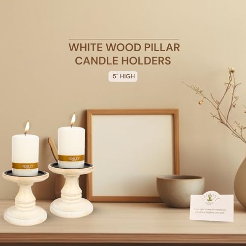 Hosley's Set of 2 White Wood Pillar Holders - 5" High. Ideal Gift for Weddings, Special Occasion, Spa, Aromatherapy Settings, Candle Gardens W1 - color: White