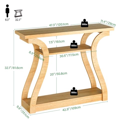 Wooden Console Table with Curved Legs and Shelf, 3-Tier Modern Accent Narrow Sofa Table for Entrance Area, Living Room, Hallway, 47 in Wide Wood Console Table for Entryway (Nature) - color: Nature