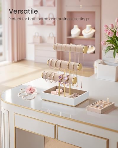 SONGMICS Bracelet Holder Stand, Jewelry Display Stand, Jewelry Organizer, with 3 Tiers and Velvet Tray, Removable Ring Holder, Cloud White and Camel Brown UJJS027A01 - color: Cloud White + Camel Brown