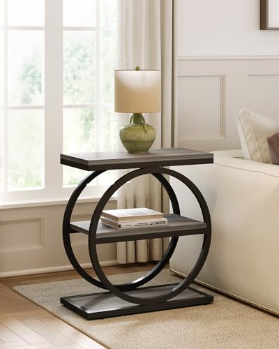 LITTLE TREE End Table, 3-Tier Side Table, Slim Sofa Side Table for Living Room, Tall Bedside Table Nightstand for Bedroom, Grey and Black - color: Grey