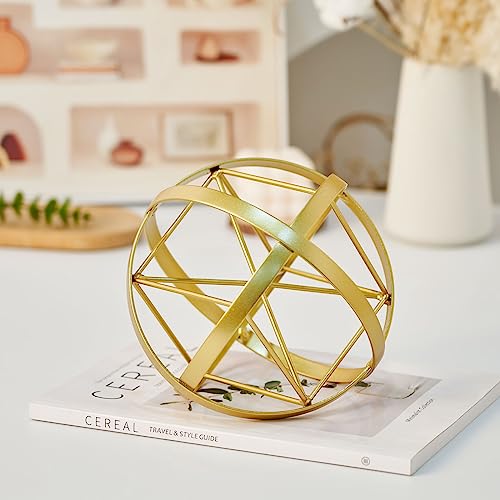 HLQMFHT 7 inches Metal Geometric Abstract Sculpture， Metal Geometric Sculpture Decor Sphere, Tabletop Decor for Living Room,Study,Bedroom,Modern Home Decor Accents - color: Gold-a