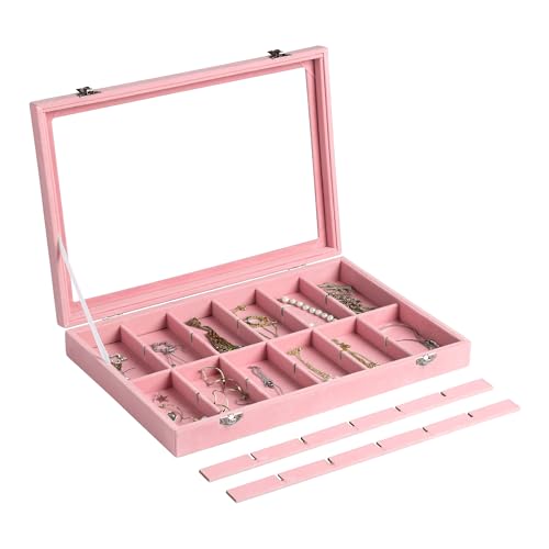 Frebeauty Jewelry Organizer Tray with Clear Lid 24 Grid Velvet Drawer Insert Jewelry Storage box with Transparent Glass lid Jewelry Display Case with Lock Gifts for Girls Women (Pink, 24 Grid) - color: Pink, size: 24 Slots