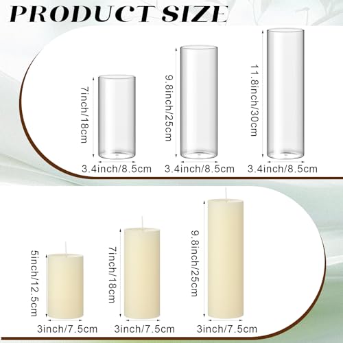 Shihanee Set of 3 Pillar Candles and 3 Glass Cylinder Candle Vases Holders Clear Pillar Jars for Wedding Centerpieces(3.4'' X 7", 9.8", 11.8",Ivory White) - color: Ivory White, size: 3.4'' X 7", 9.8", 11.8"