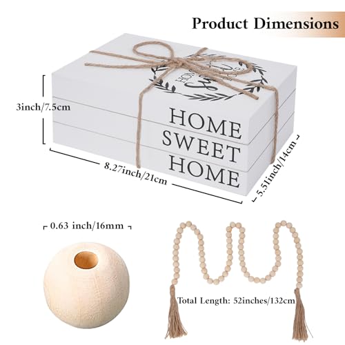 Decorative Books for Home Decor, Faux Books for Decoration, Rustic Farmhouse Decor, Fake Books with 52in Wood Beads Garland, Book Decor for Living Room Coffee Table (Home Sweet Home) - color: Home Sweet Home