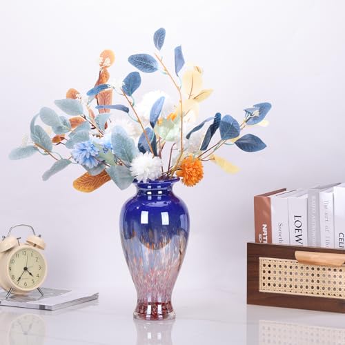11.8" Tall Blue Glass Vase Beautiful Hand Blown Glass Vase Modern Art Home Decor, Wide Mouth Colorful Vases for Mantle Dining Table Centerpiece, Entryway Living Room Wedding Decoration - color: Blue