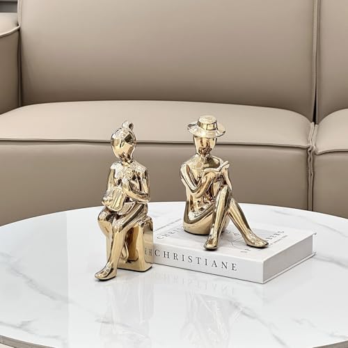 Decorative Book Ends Ceramic Bookends for Shelves, Home Office Decor Aesthetic Statues Book Stopper for Bookshelf Table Bedroom Living Room Decoration (Gold) - color: Gold