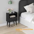 YAUKOMEL Fluted Nightstand with Charging Station, Modern Bedside Table with Drawer,Black Nightstand with Solid Wood Legs, End Table,Side Table for Living Room,Bedroom Black CTG57BKE - color: Black With Charging Station