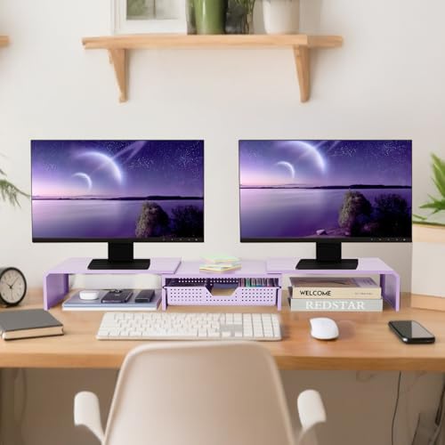 LEKETREE Dual Monitor Stand Riser with Drawer, Desk Organizer and Accessories, Metal Laptop Stand for Desk, Workspace Desktop Stand for Computer, Laptop, TV and More (Purple) - color: Purple