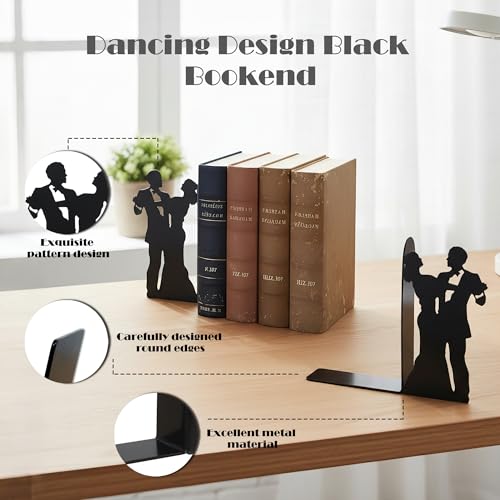 Modern Social Dance Metal Bookends for Shelves Decorative, Black Book Ends Nonskid Reading Stand Holder Home Decor Aesthetic for Office, Set of 2 - color: Dance