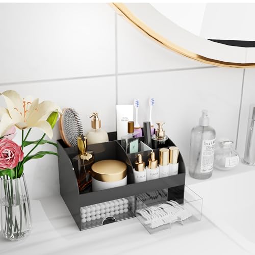 Makeup Organizer with Drawers, Cosmetic Storage for Dresser Vanity and Bathroom Countertop, Beauty Holder for Lipstick Brush, Skincare Organizer for Vanity, Cosmetic Display Case (Black) - color: Black