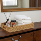 Rattan Serving Tray, Rectangle Coffee Table Tray with Handles, Decorative Ottoman Tea Tray Wicker Basket for Coffee, Bread, Fruits, Snacks, Breakfast, Drinks, Table Decor - size: 15" x 10.2" x 2.6"