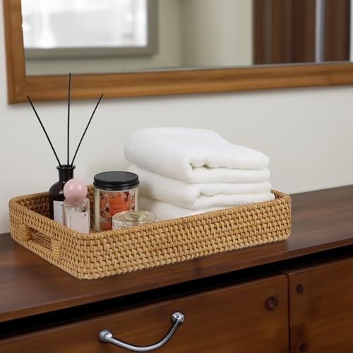 Rattan Serving Tray, Rectangle Coffee Table Tray with Handles, Decorative Ottoman Tea Tray Wicker Basket for Coffee, Bread, Fruits, Snacks, Breakfast, Drinks, Table Decor - size: 15" x 10.2" x 2.6"