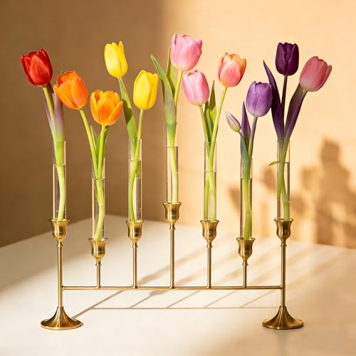 Bud Vases with Candlestick Holders: Glasseam 7PCS Small Glass Vase for Flowers & Gold Taper Candle Holders for Wedding Decor 5.9’’ Skinny Clear Vase & Silicon Case for Floral Arrangements Tablescapes