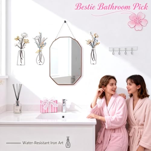 Set of 3 Colorful Metal Flower Wall Art, Modern Farmhouse Rustic Vase Wall Decor for Living Room Bathroom Kitchen Bedroom, Elegant Gift for Housewarming Spring Mother's Day for Homeowners - color: Colorful