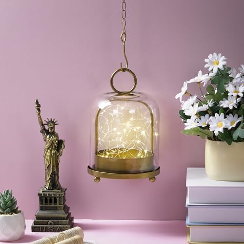 5"x7.5" Versatile Modern Metal Hurricane Lantern with Handmade Sturdy Glass Dome in Antique Brass for 3" Pillar Candle & Plants, Industrial, Farmhouse, Shabby Chic (Brass, 5"x7.5" for 3" Pillar) - color: Brass, size: 5"x7.5"