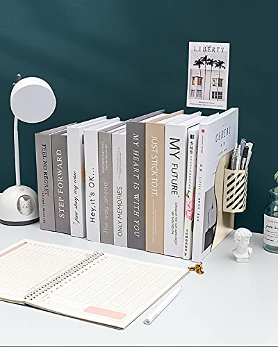 MSDADA Adjustable Bookends, Metal Book Ends for Heavy Books, Expandable Book Organizer with Pen Holder for Desk, Shelf, Office, The First Day of School Stationery Gift for Students,Teachers (Beige) - color: Beige