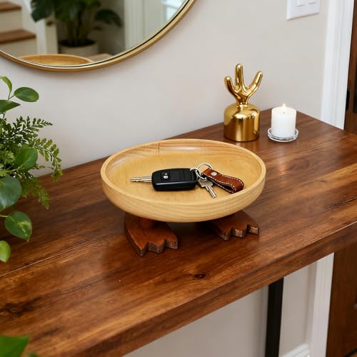 Wood Key Bowl for Entryway Table, Key Tray, Jewelry Tray, Valet Tray with 2 Cute Duck Feet, for Rings, Coins, Bracelets Watches - size: Round