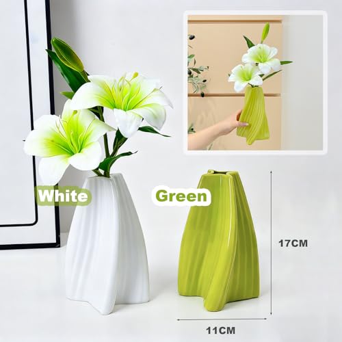 Twisted Dopamine Plastic Vase with Fake Artificial Lily Flowers，Modern Vibrant Decorative Vase for Home Living Room Coffee Dining Table Bookshelf Shelf Console Bedroom(White) - color: White