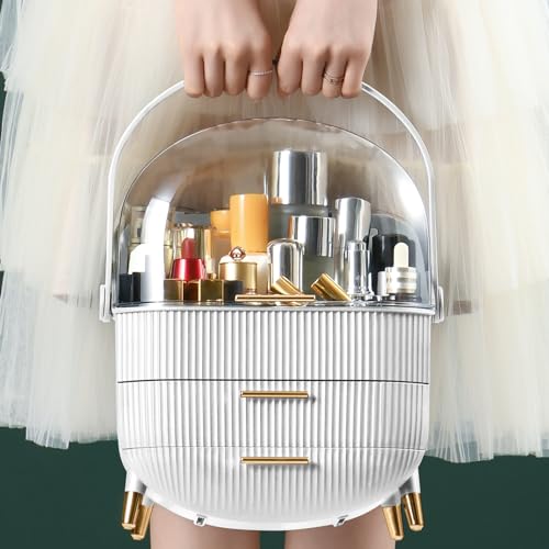 CANITORON Makeup Organizer,Skincare Organizer with 2 Drawers and Transparent Cover,Cosmetic Display Case for Vanity Organizer and Bathroom Countertop Storage.(White) - color: White