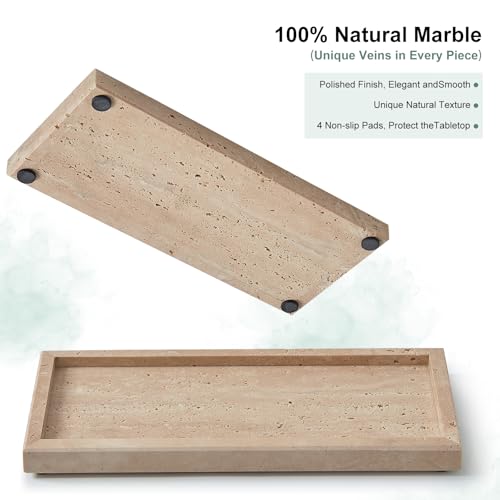 Natural Travertine Vanity Tray, Luxury Stone Organizer for Bathroom & Kitchen Counter | Holds Soap Dispenser, Jewelry, Perfume | Non-Resin, Non-Ceramic Décor - color: Travertine, size: 11.8" x 5.1" x 0.8"