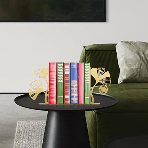 Gold Bookends – Unique Decorative Book Ends with Ginkgo Leaf Design, Cute Bookends for Shelves, Desks, or Libraries for Book Lovers