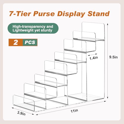 Kathfly 2 Pack 7-Tier Acrylic Wallet Display Stand Clear Purse & Handbag Organizer Riser Shelf for Perfume, Sunglasses, Cosmetics, Jewelry Vendor Display for Craft Fairs, Retail - size: 7-tier