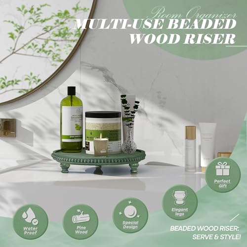 EOSAHR Round Pine Wooden Display Riser - Beaded Wood Riser for Small Plant Stand & Sink Sponge Holder, Perfume Display Stand - Rustic Kitchen Counter Organizer, Boho Chic Room Decor (Green) - color: Green